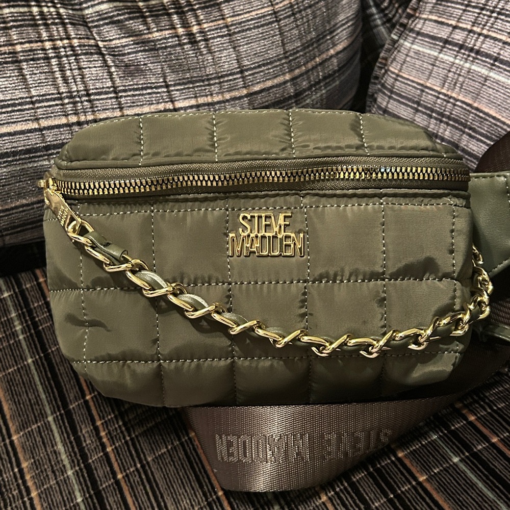 Steve Madden Olive Quilted Belt Bag with Gold Chain